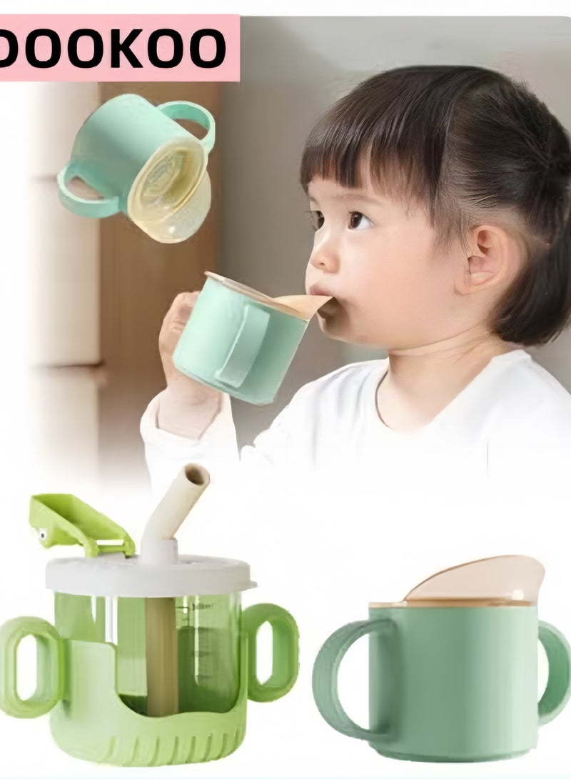 DOOKOO 2PCS Baby Sippy Cup with Straw, Silicone Straw Cup + Trainer Cup with Deflector Cap for Boys Girls Child Drinking Water, Spill Proof Sippy Cups with Double Handles for Easy Grip, 150ml+300ml - Image 1
